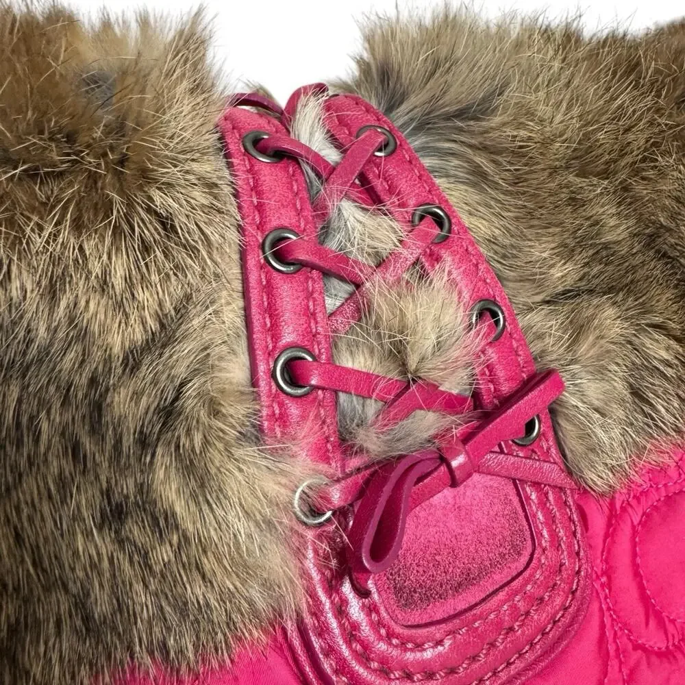 Vintage Y2K Coach Signature Pink Nylon Quilted Rabbit Fur Trim Hobo Shoulder Bag